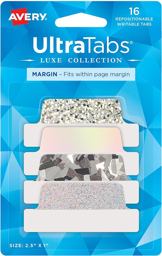 Avery Ultra Tabs Luxe Collection, 2.5" x 1" Margin Tabs, Holographic Iridescent Designs, 16 Repositionable Page Tabs (74179)