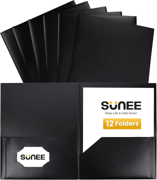 SUNEE 2 Pocket Folders (12 Pack, Black) Heavy-Duty Plastic Folders with Pockets, Fit 8.5x11 Letter Size Paper, 2-Pocket File Folders for Kids, Home, School, Office