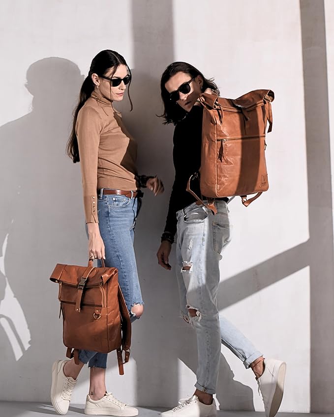 Genuine Leather Backpack for Men, Large Roll Top Backpack, Laptop Bookbag, Roll On Vintage Rucksack for College, Work & Travel, Brown, X-Large - 17.3 Inch