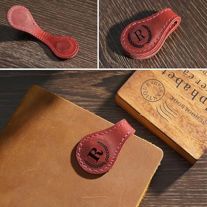Personalized Magnetic Leather Bookmark, 26 Letters Custom Leather Bookmarks, Handmade, Leather Magnetic Bookmark for Book Lovers Readers Women Kid(Red，S）