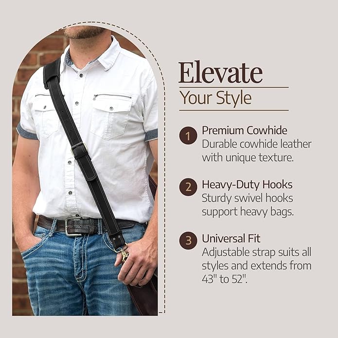 NJ Leatherworks Leather Bag Strap, Adjustable Replacement Shoulder Strap for Messenger, Duffel, Laptop, Camera Bags or Purses