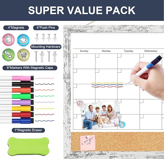 Dry Erase Calendar for Wall, 17"x13" Whiteboard Calendar Cork Board Combo, Magnetic White Board Monthly Calendar with Wood Framed, Hanging Dry Erase Board for Office Kitchen Home Planner Memo