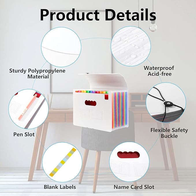 Sooez Accordion File Organizer, 12 Pockets Expanding File Folder, Portable Monthly Paper Bill Tax Receipt Organizer, Letter A4 Size Document Holder with Blank Labels, White