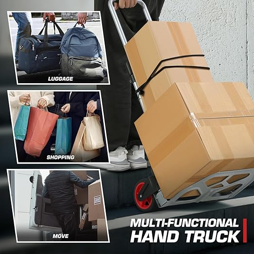 DNA MOTORING Folding Hand Truck, 176lbs Capacity Foldable Dolly Cart for Moving Heavy Loads, Collapsible Hand Truck, w/Telescopic Handle, Bungee Cord, Red, TOOLS-00744