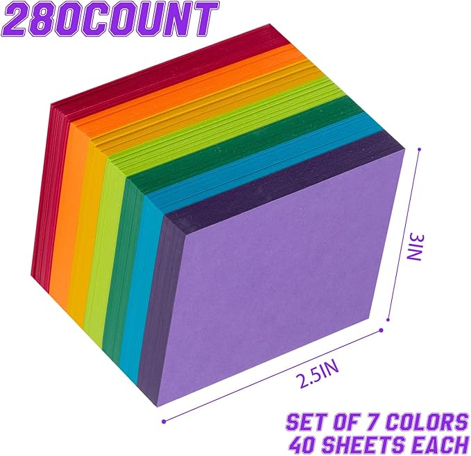 Index Cards 280-Count 2.5x3 Inch,178GSM Heavyweight Set of 7 Colors Paper Multicolor Study Cards (Rainbow)