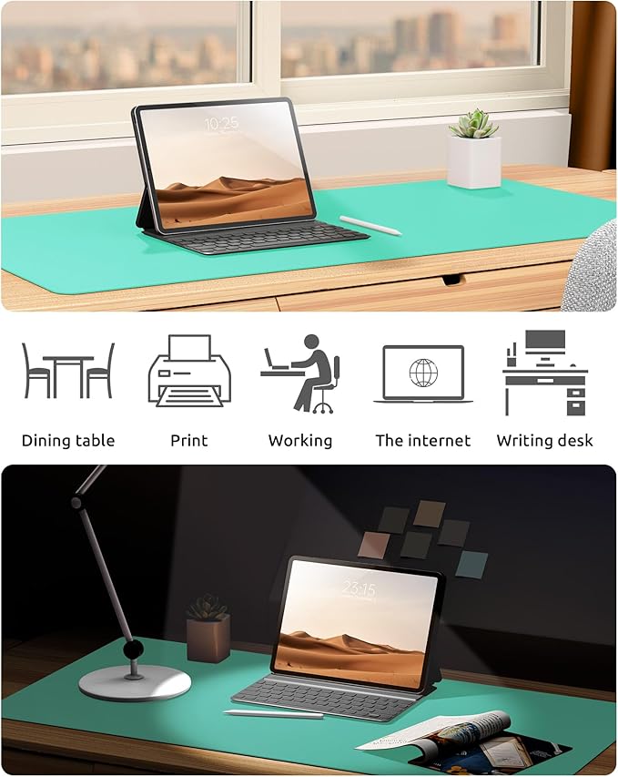 YSAGi Leather Desk Protector, Office Mat, Large Mouse Mat, Non-Slip PU Leather Blotter, Laptop Desk, Waterproof Writing Pad for Office and Home (Calamine Blue, 23.6" x 13.8")