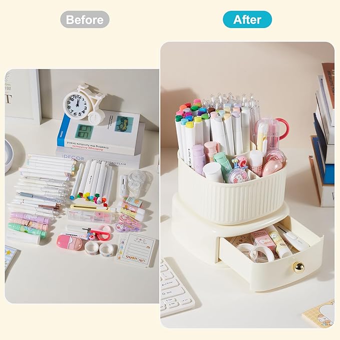 360 Degree Rotatable Pen Holder with Drawer, 5 Slots Office Desk Organizer Pen Holder for Desk Multi-Functional Pencil Box Desktop Stationary Organizer for Office School Home Beige