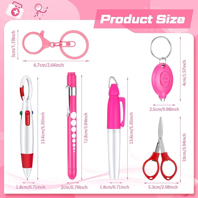 6 Pcs Nurse Pen Set Include Permanent Marker Pen Retractable Ballpoint Pen Keychain Clip Foldable Scissors Lights LED Flashlight Keychain for Nurse Accessories(Pink)