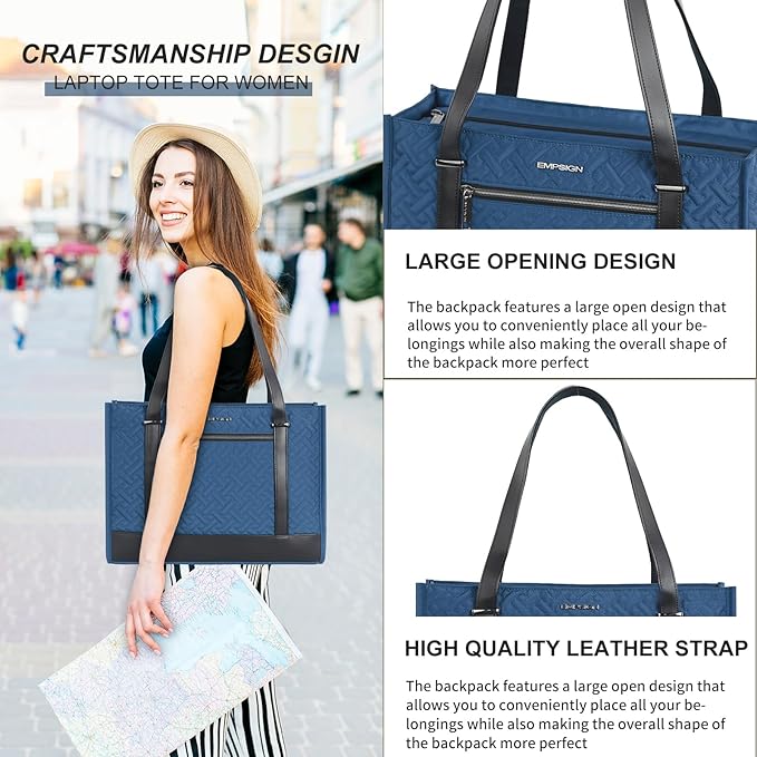 EMPSIGN Laptop Tote bag for women 16 Inch, Stylish Computer Shoulder Tote Bag for Work, Large Capacity Quilted Laptop Briefcase, Waterproof Women Business Office Bag, Quilted Haze Blue