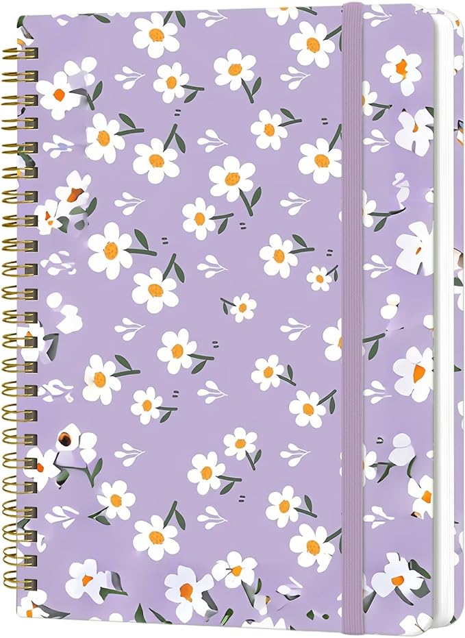 Spiral Notebook - A5 Spiral Notebooks, 8.3'' × 5.8'', 160 Pages, Aesthetic Journaling Notebooks for Women, College Lined Notebook with Elastic Closure, Back Pocket, for School Office, Purple Flower