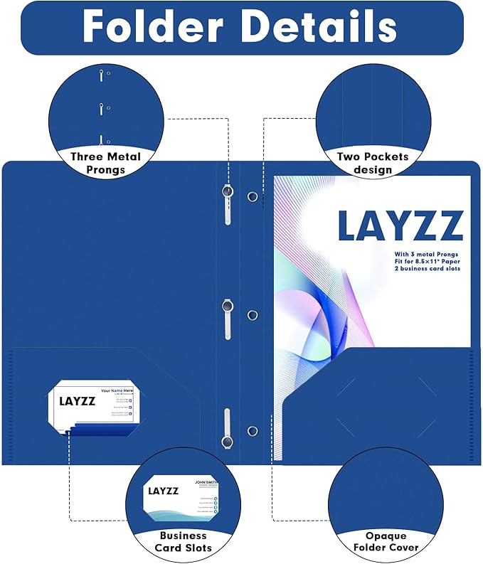 Plastic 2 Pocket Folders with Prongs, 30 Pack, Heavyweight, Letter Size Poly Folders with 3 Metal Prongs Fastener Clips (Blue)