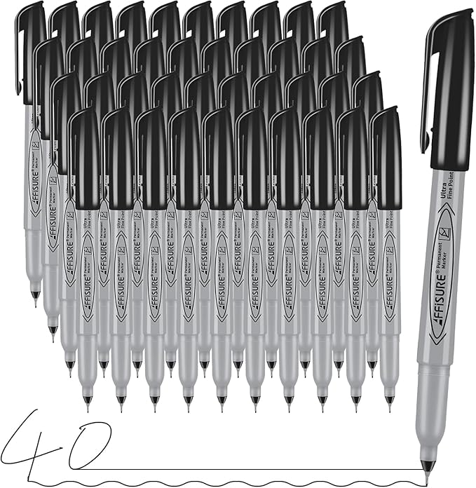 Permanent Markers, Ultra Fine Point, Black, 40 Count, 0.4mm, Fine tip permanent marker set, quick dry, waterproof, fading resists, durable, marks on paper, glass, ceramic, plastic, wood, rock, metal