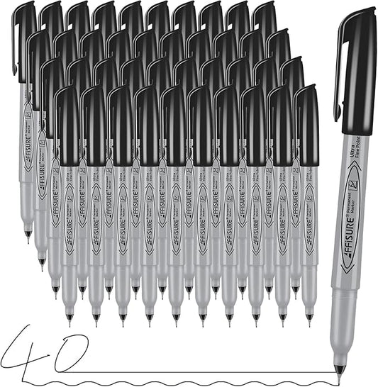 Permanent Markers, Ultra Fine Point, Black, 40 Count, 0.4mm, Fine tip permanent marker set, quick dry, waterproof, fading resists, durable, marks on paper, glass, ceramic, plastic, wood, rock, metal