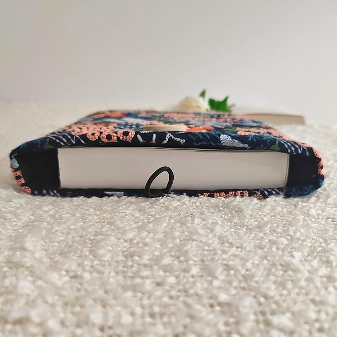 Floral Embroidered Canvas Book Sleeve - Elegant Book Cover, Padded Protector for Paperbacks & Hardcovers, Ideal for Book Lovers, Wooden Button (Meadow, Blue, Large)
