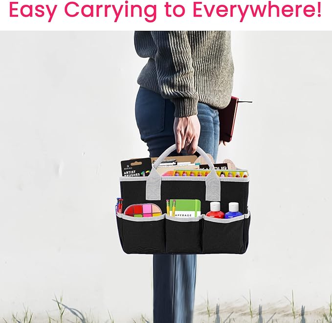 Godery Desktop Tote and Organizer, Teacher Helper Bag for Arts, Books, Stationery, Office Desk Organization, Make-up Storage with Handles for Travel (BLACK-2)