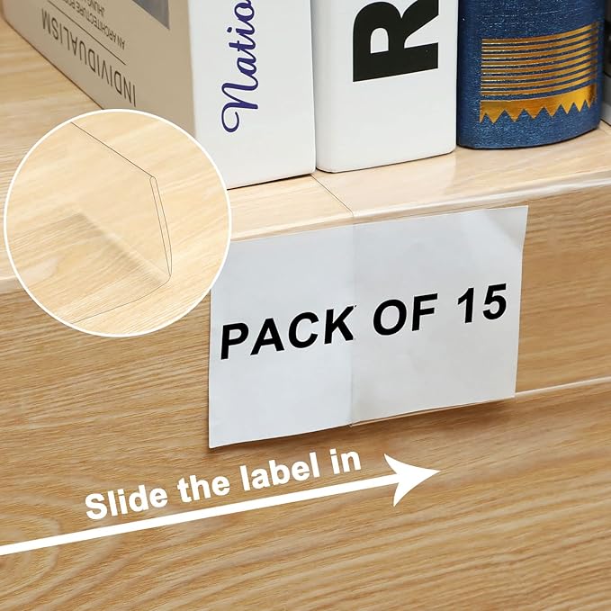Containlol 15 Pieces Moveable Shelf Label Holders Clear Transparent Shelves Tags Index Card Pockets Library Markers Label Display Holder for Classroom Office Book(6.5 x 3.54 x 2.36 Inch)