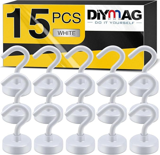 DIYMAG Magnetic Hooks, 30Lbs Strong Heavy Duty Cruise Magnet S-Hooks for Classroom, Fridge, Hanging, Cabins, Grill, Kitchen, Garage, Workplace and Office etc, (15 Pack-White)