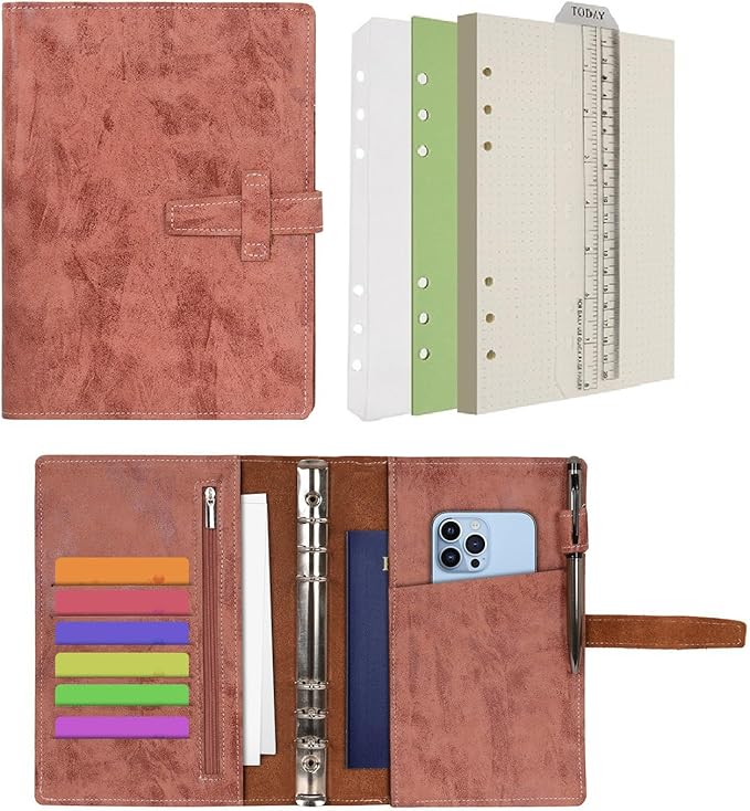 Wonderpool Leather Journal Refillable Binder A5 Writing Notebook Folder Organiser with Dotted Paper & Multi Pockets Cover for Business School Travel (A5, Brown)