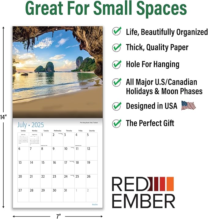 RED EMBER Untamed & Beautiful Beaches Mini 2025 Wall Calendar 12 Month | 7" x 14" Open | Thick & Sturdy Paper | Giftable | Calendar 2025