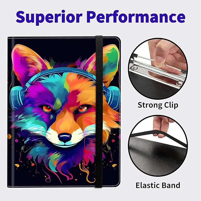Fox Wearing Headphones Padfolio Folder with Clipboard,Portfolios Organizer Clipboards with Storage Clipboard Writing Pad PU Leather Conference Document Organizer with Business Card Holder