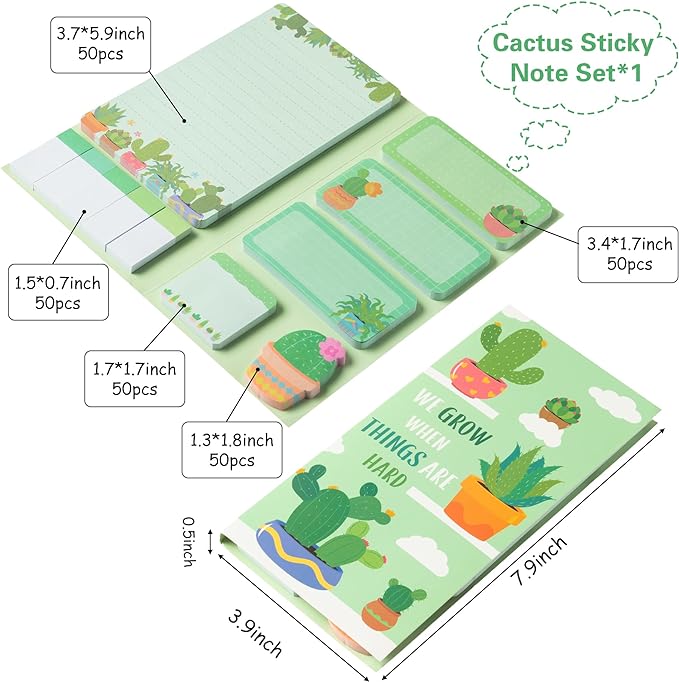 We Grow When Things are Hard Sticky Notes Set, 550 Sheets, Cute Cactus Shaped Self-Stick Notes Pads Plant Divider Tabs Bundle Writing Memo Pads Back to School Office Supplies Small Gift