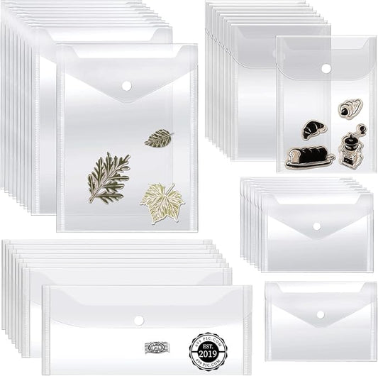 Vmiapxo 40 Pack Stamp and Die Storage Pockets, Reusable Small Plastic Envelopes Waterproof Sticker Organizer Receipt Holder Photo Storage Folders (Mixed Size)