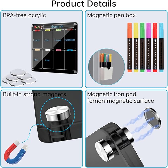 Fridge Calendar Meal Planning Board, Dry Erase Acrylic Magnetic Monthly Weekly Calendar Planner for Refrigerator with 6 Colors Markers (Black-Weekly+Monthly(15.7x11.8))