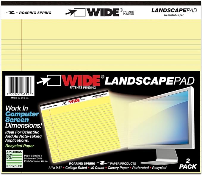 Roaring Spring Wide Recycled Landscape Legal Pads, College Rule, 11" x 9.5", 40 Sheets, Canary, 2 Pack, Made in USA