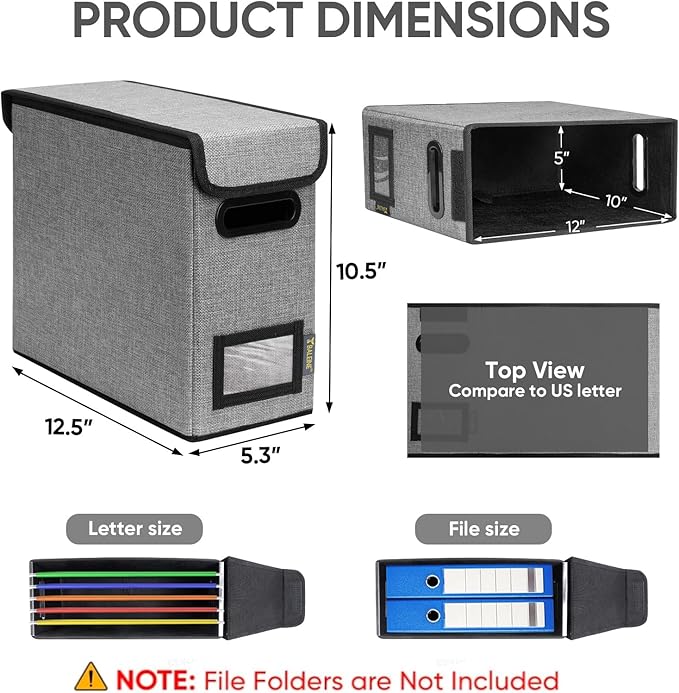 BALEINE File Organizer Box with Lid, Collapsible File Folder Organizer with Plastic Slide, Hanging File Folder Box for Office Document Storage (2 Pack, Grey, S)