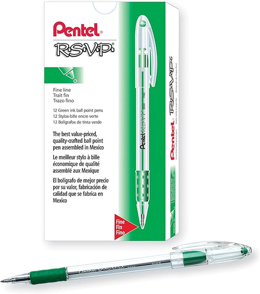 Pentel R.S.V.P. Ballpoint Pen, 0.7mm Fine Tip, Green Ink, Box of 12 (BK90-D)