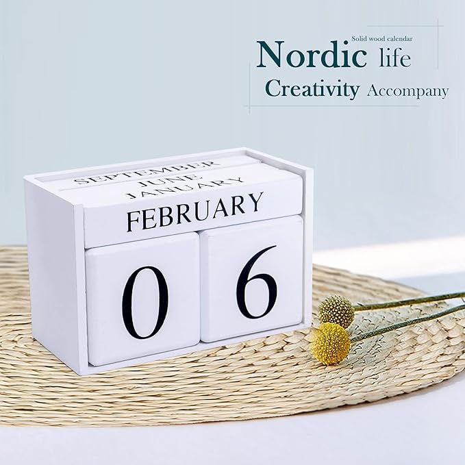 Notakia Perpetual Calendar Wooden Block Calendar for Office Desk Calendar Plank Table Daily Desk Calendar Accessories Block Dates (Large White)