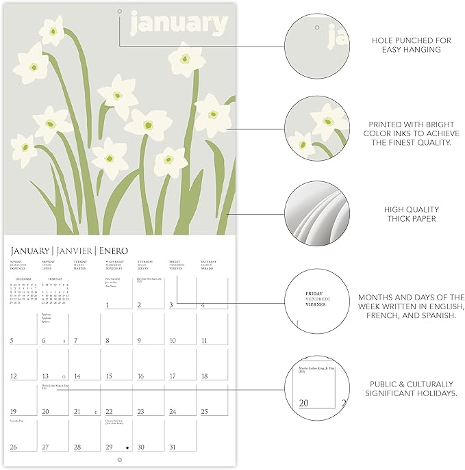 Graphique 2025 Flower Pop Wall Calendar | 12” x 12” | Thick Paper | Home & Office Organizer | Large Monthly Grid | 3 Languages & Marked Holidays | 4 Month Preview Page for 2026