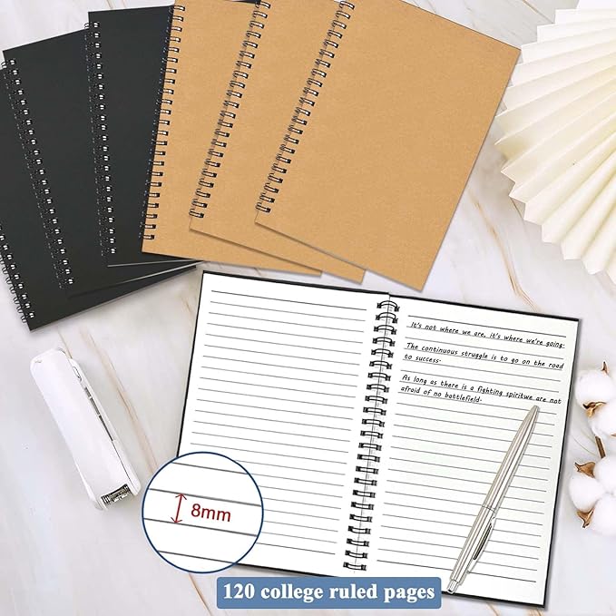 GINMLYDA 6Pack Small Spiral Notebook A5, 8.25x5.5” 120 Lined Pages Wide Ruled Spiral Journal Bulk Blank Kraft Cover Spiral Bound Notebook & Writing Pads for Home Office Meeting Work Note Taking