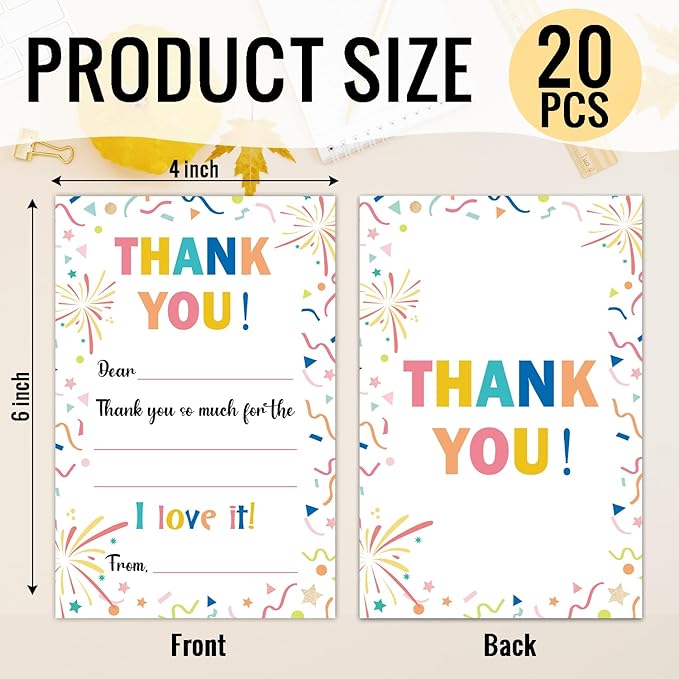 Colorful Confetti Kids Thank You Cards Fill in the Blank with Envelopes, Thank You Notes Kids Thank You Cards 20 Card Set for Boys or Girls (4 * 6 inches) -03