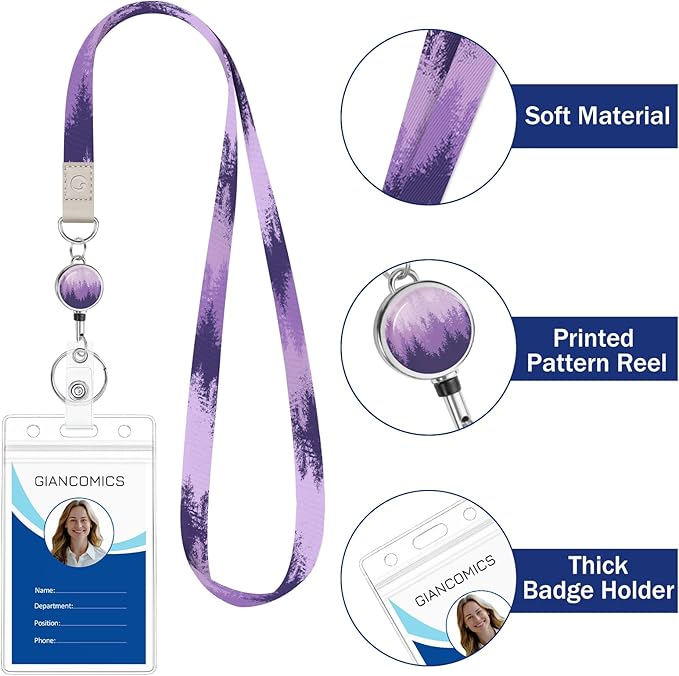 Giancomics Lanyards for Id Badges, Forest Lanyards with Retractable Reel, Waterproof ID Badge Holder for Cruise Ships Cards Key, Cute Work Name Tag Zip Card Protector for Women 2 Pack