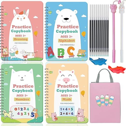 Reusable Grooved Handwriting Practice Workbook,Magic Practice Copybook,Reusable Writing Practice Book, for Preschool Kids Age 3-8 Calligraphy (Pink Bag, 10.3inx7.3in)