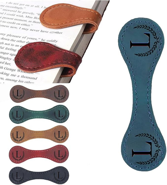 Personalized Magnetic Leather Bookmark, 26 Letters Custom Leather Bookmarks, Handmade, Leather Magnetic Bookmark for Book Lovers Readers Women Kid(Blue，L）