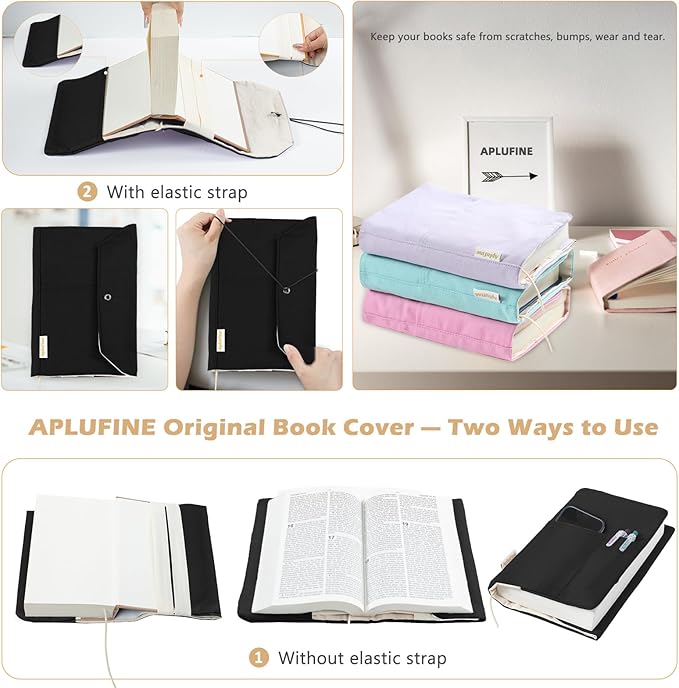 Canvas Book Covers, Washable Book Protector, Book Cover for Paperback Novels, Adjustable Book Cover for Hardcover with Pockets for Pen, Soft Cover Books, Book Lovers Gifts