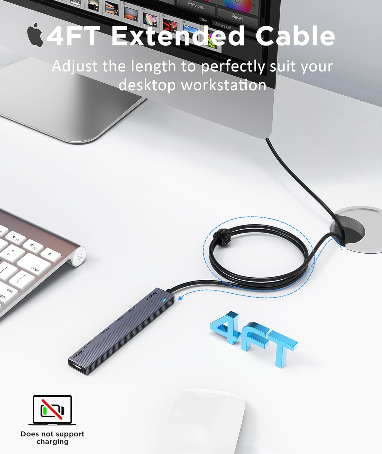 Aceele USB 3.2 Gen 2 Hub with 2 USB-A & 2 USB-C Ports, 10Gbps USB Splitter with 4ft Long Cable, USB Data Extented with 5V3A Type-C Power Port, Compatible for Laptop, iMac Laptop and More