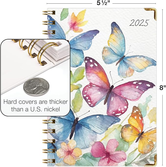 HARDCOVER 2025 Planner, 5.5"x8": 14 Months (November 2024 - December 2025), Daily Weekly Monthly Planner, Yearly Agenda, Bookmark, Pocket Folder and Sticky Note Set (Watercolor Butterflies)