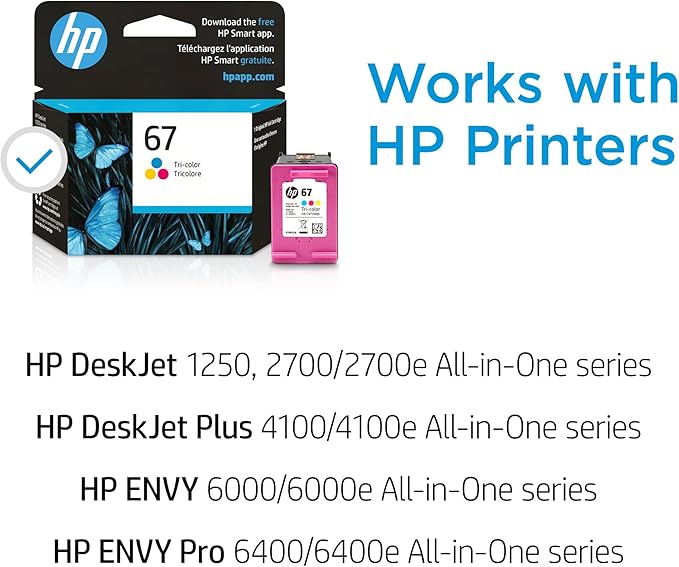 HP 67 Tri-color Ink Cartridge | Works with HP DeskJet 1255, 2700, 4100 Series, HP ENVY 6000, 6400 Series | Eligible for Instant Ink | 3YM55AN