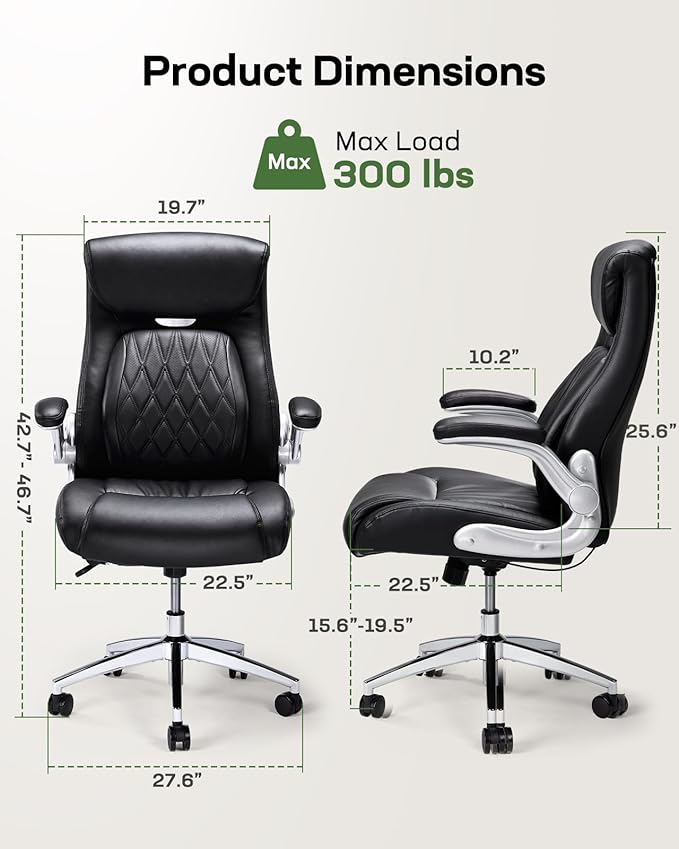 Marsail Comfortable-Office Chair with Dynamic-Lumbar Support: High Back PU Leather Executive Office Chair with Flip-up Arms Tilt Function, Ergonomic Executive Desk Chair for Home Office Work, Black
