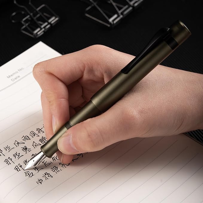 Hongdian M2 Black Forest Mini Fountain Pen, Medium Nib & Sleek Shape Aluminium Short Pocket Travel Pen (Army Green)
