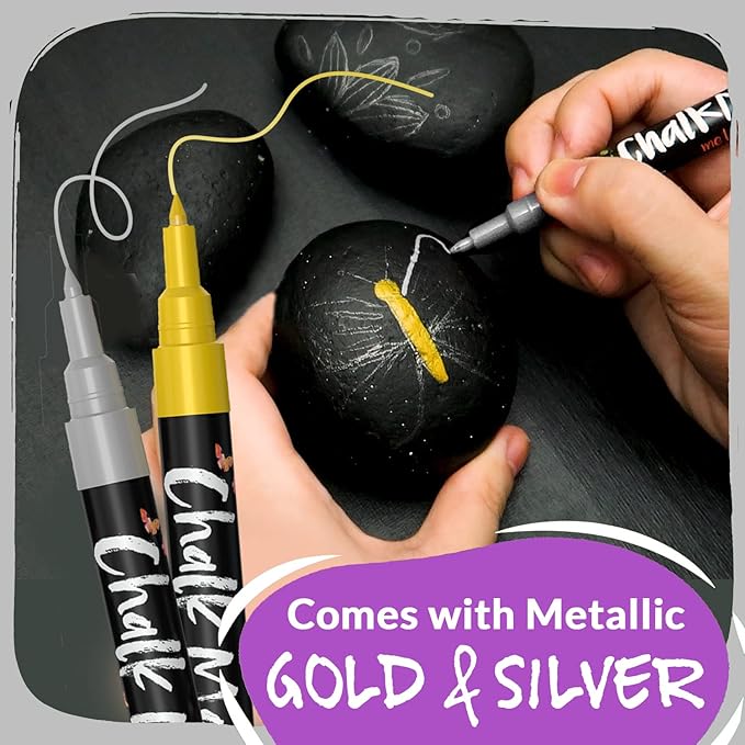 Extra Fine Tip Liquid Chalk Markers (1mm, 10 Pack) with Gold & Silver - Erasable Dry Erase Marker Pens for Blackboard, Windows, Chalkboard Markers, Bistro, Restaurants - Thin Point Chalk Pens Set