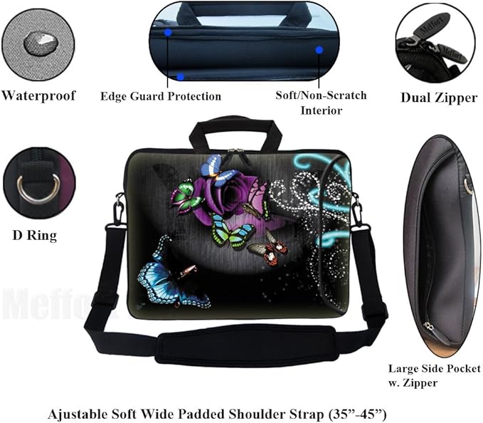 Meffort Inc 17 Inch Neoprene Laptop Bag with Extra Side Pocket, Soft Carrying Handle & Removable Shoulder Strap Fit 16" to 17.3" Size - Gray Butterfly