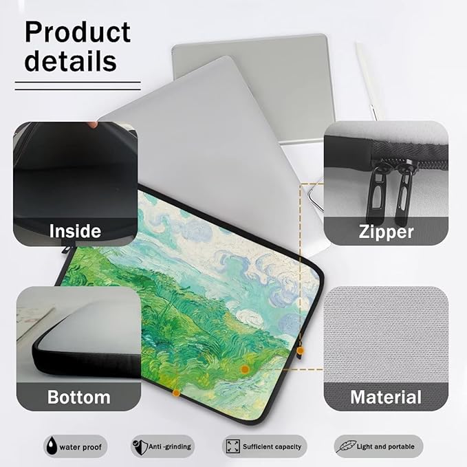 Green Wheat Fields Laptop Sleeve Case for Women Men Trendy Van Gogh Painting Laptop Protector with Multiple Uses Made of Premium Neoprene Material 13 Inch Tablet Bag for Friends