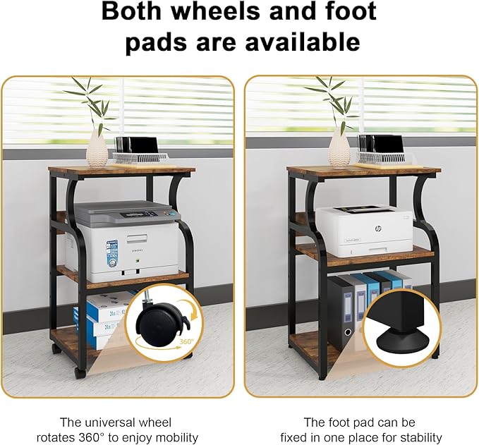Natwind 3 Tier Printer Stand,Printer Table with Adjustable Storage Shelf, Rolling Printer Cart with Wheels for Home Office Organization,Multifunctional Shelves for Heat Press,3D Printer (Retro)