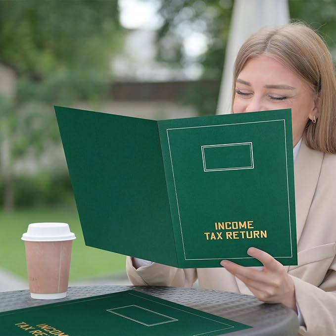 Kisston 50 Pcs Tax Return Folders Bulk 2 Pocket Gold Foil Stamped Income Tax Folders with Blank Labels Business File Office Organizer (Green)