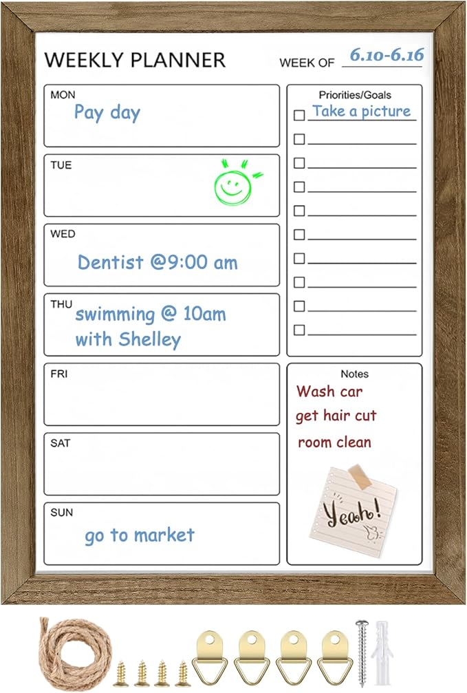 Dry Erase White Board Weekly Calendar Board, Magnetic Whiteboard for Wall,13“x17 Solid Wood Rustic Brown Framed Message Board, Planner Board for Office, Home, School(Weekly-BB-RB-3343)