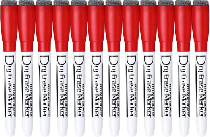 Volcanics Magnetic Dry Erase Markers With Eraser Cap Low Odor Fine Tip Whiteboard Pens Whiteboard Markers for Kids, Pack of 12, Red